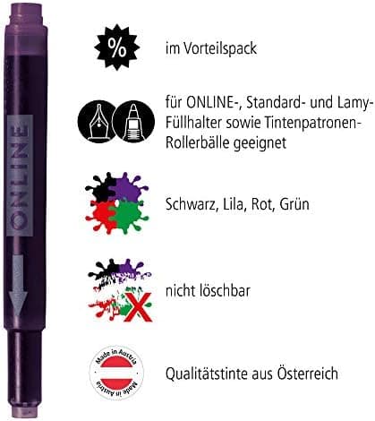 ONLINE Kompatible LAMY Tintenpatronen blau, Universal Patrice, löschbar, für Füllhalter & Tintenroller - Vorteilspack Ko