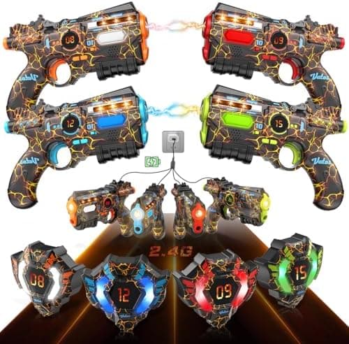 VATOS Wiederaufladbares Laser Tag Set mit 4 Spielern - |4GHz Daten Voll SYNC für Kinder und Erwachsene zur Outdoor-Aktiv