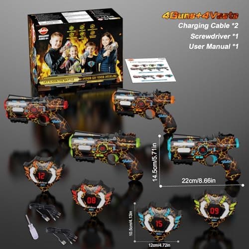 VATOS Wiederaufladbares Laser Tag Set mit 4 Spielern - |4GHz Daten Voll SYNC für Kinder und Erwachsene zur Outdoor-Aktiv