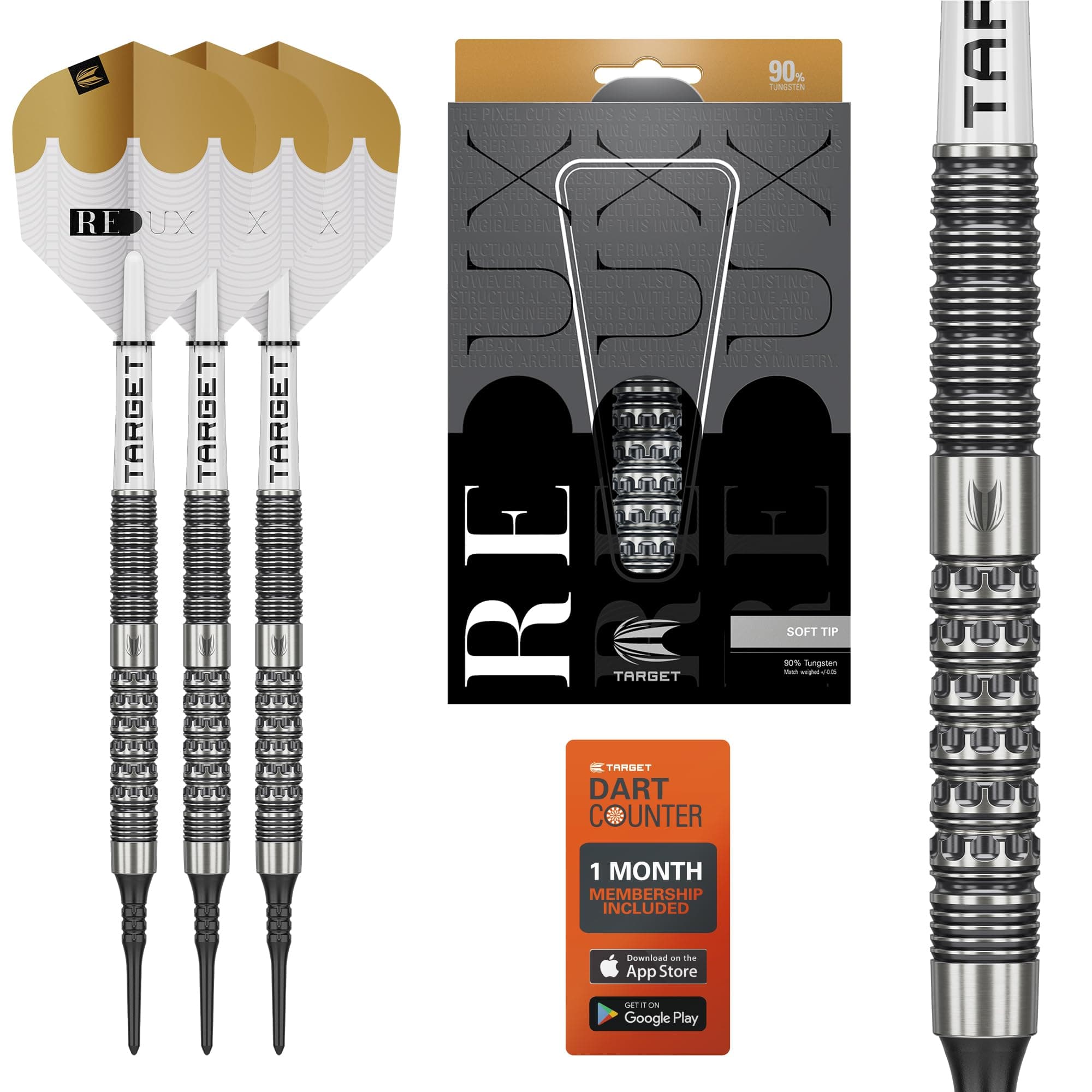 PROMIERTarget Darts Redux-Softdarts Dartpfeil-Set 18 g | 90-%-Tungsten | Pro Grip Schäfte | Pro Ultra Flights | Pixel-Po