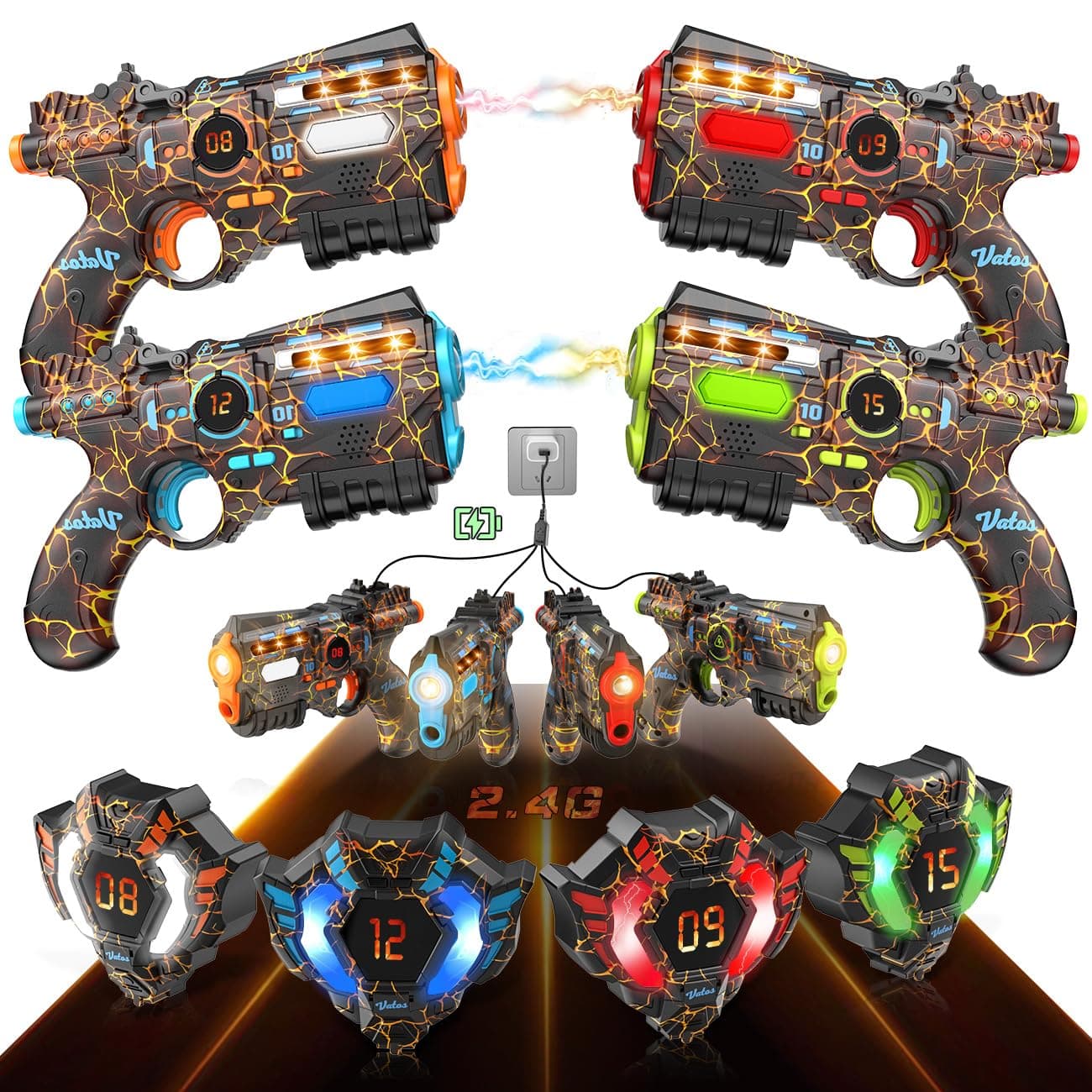 VATOS Wiederaufladbares Laser Tag Set mit 4 Spielern - |4GHz Daten Voll SYNC für Kinder und Erwachsene zur Outdoor-Aktiv