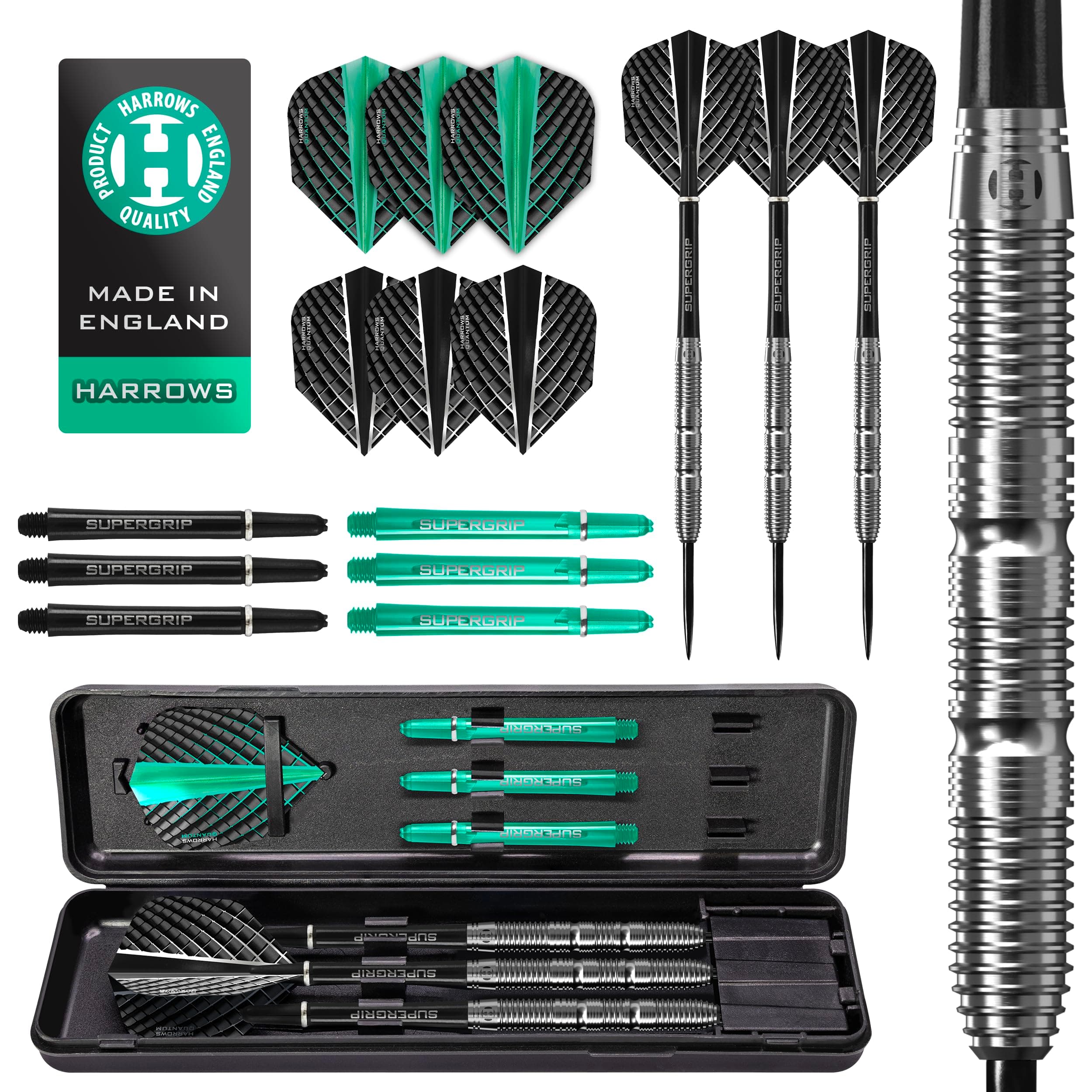 Harrows NX Elite 90% Tungsten Darts | 21-26 g Gewicht | Großes 17-Paket mit Supergrip Schaft & Quantum Flügel, Reiseetui